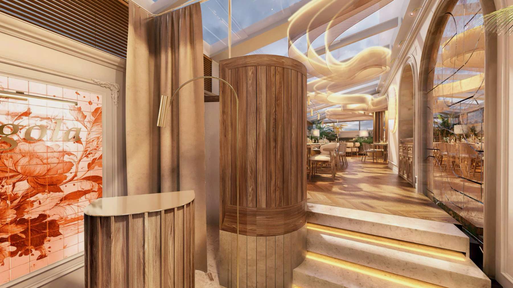 Sala principală Pergola — iluminat ambiental și aranjament de mese pentru grupuri