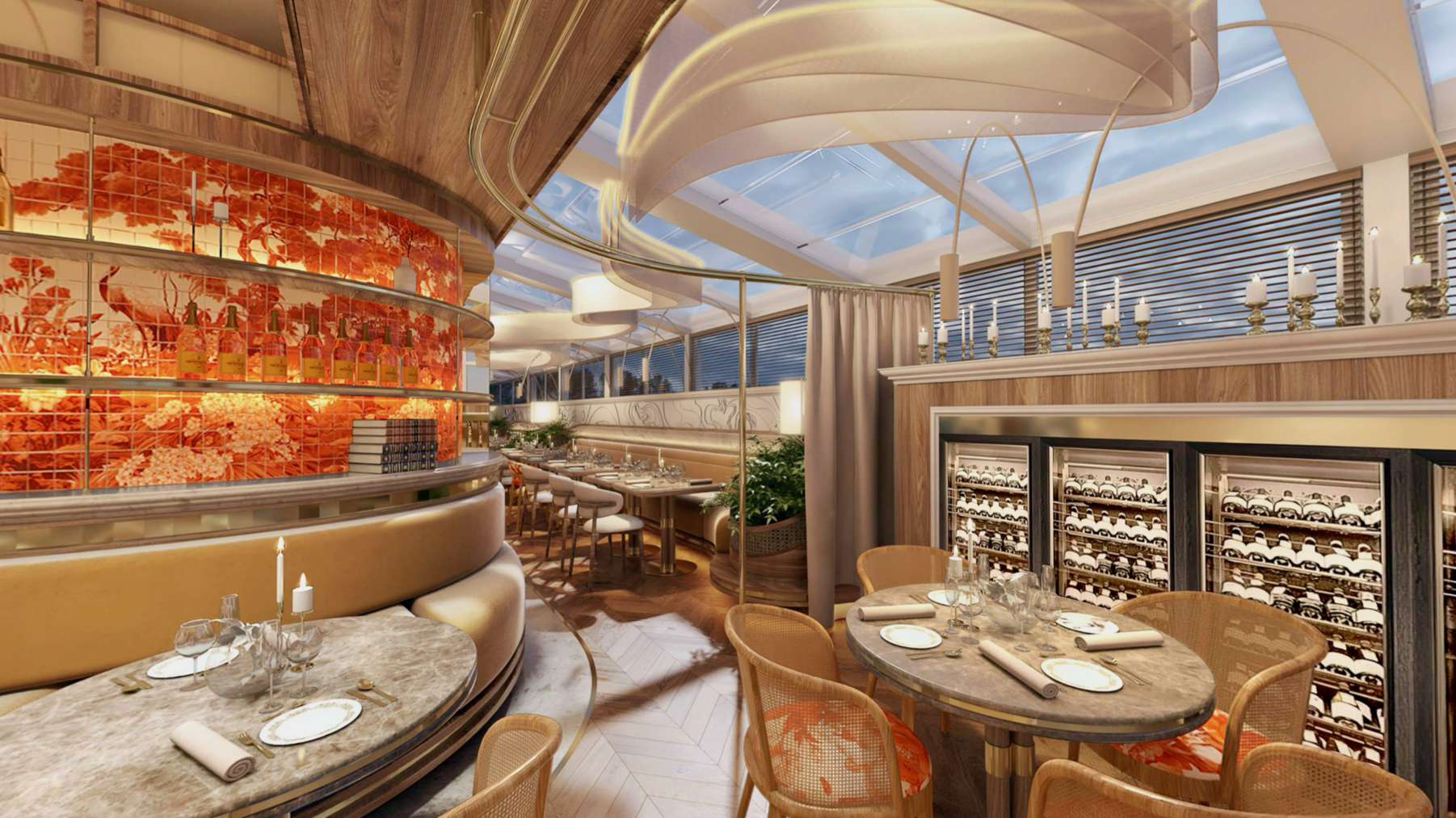 Veranda Pergola seara — bar iluminat, perete de vin și mese aranjate