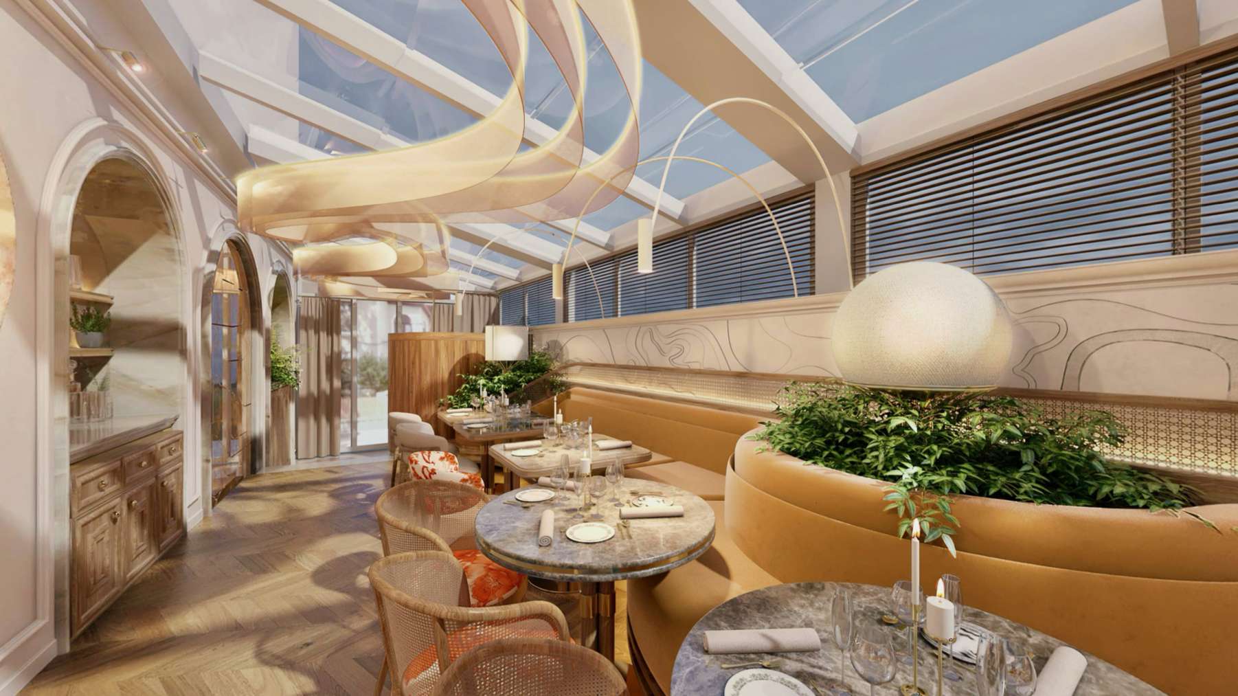 Veranda Pergola — mese aranjate sub tavanul vitrat, lumină naturală și plante